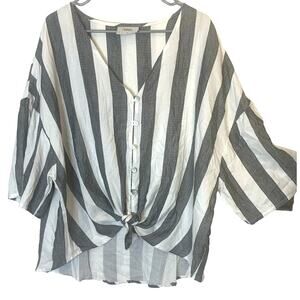 French Laundry Boyfriend Shirt 2X Gray White Stripe Button Up V Neck Lagenlook